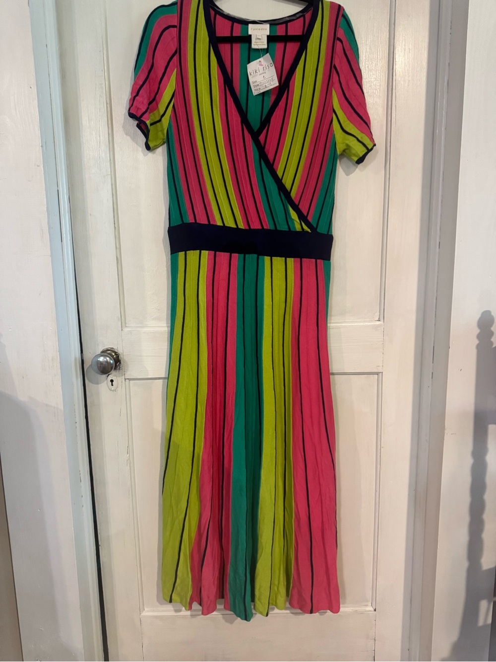 Foxiedox Rainbow Stripe  Dress Large Colorblock Knit V-Neck Lined